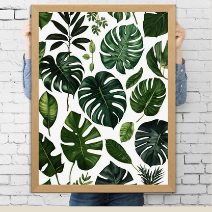 Lush Greenery Print – A vibrant collection of tropical leaves (e.g., monstera, palm, or eucalyptus) for a fresh, natural feel.