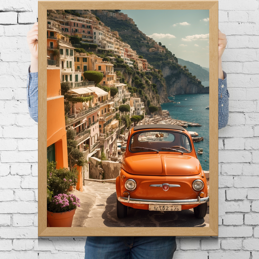 🇮🇹 Positano Poster – Retro Fiat 500 Vibes on the Amalfi Coast 🚗✨