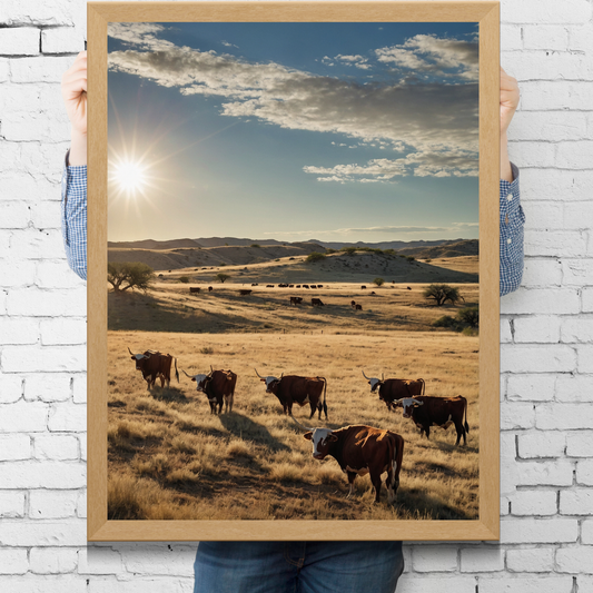 🏜️ Texas Cows Landscape Poster – Rustic Western Wall Art for Bold Interiors