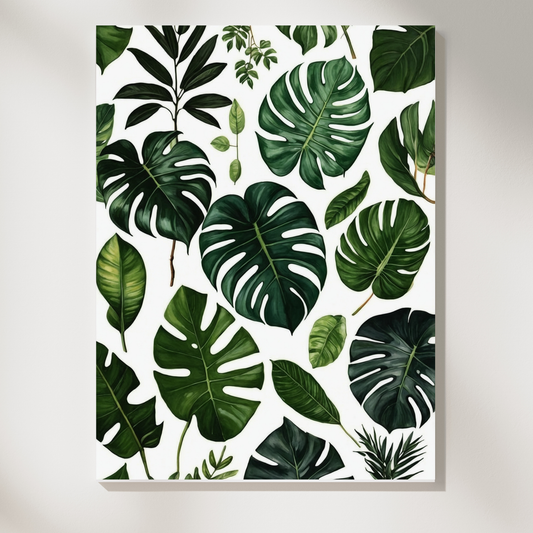 Lush Greenery Print – A vibrant collection of tropical leaves (e.g., monstera, palm, or eucalyptus) for a fresh, natural feel.