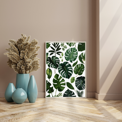 Lush Greenery Print – A vibrant collection of tropical leaves (e.g., monstera, palm, or eucalyptus) for a fresh, natural feel.