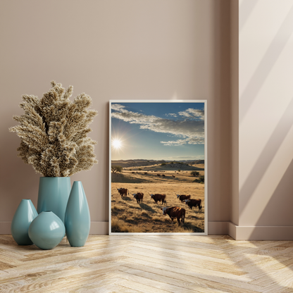 🏜️ Texas Cows Landscape Poster – Rustic Western Wall Art for Bold Interiors