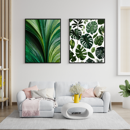 Lush Greenery Print – A vibrant collection of tropical leaves (e.g., monstera, palm, or eucalyptus) for a fresh, natural feel.