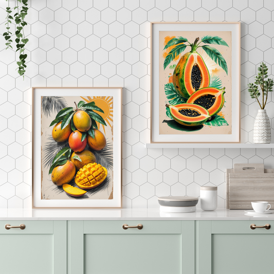 🖼️ Poster Bundle – Vintage Mango & Papaya Posters – Tropical Fruit Wall Art Set with Retro Style